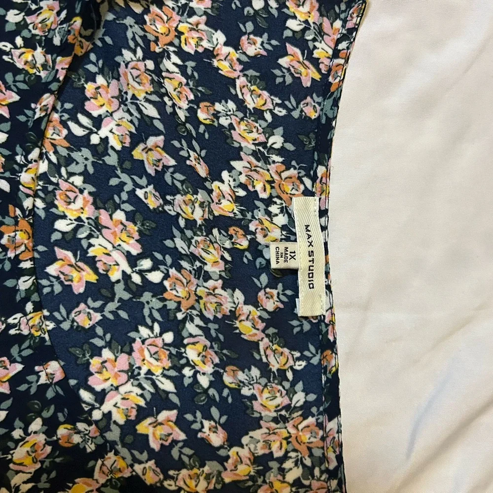 Max Studio Floral Print Ruffle Sleeve Tie Waist Dress Navy Pink Size 1X. NWOT - Picture 10 of 14